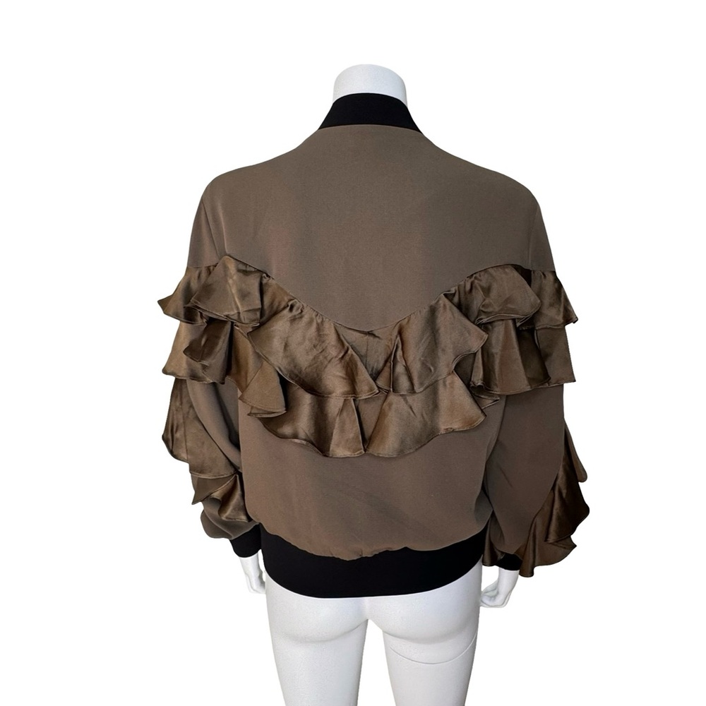 $525 CINQ A SEPT “Leía” Ruffle Bomber Jacket Sz S Olive Satin Trim - Picture 7 of 7